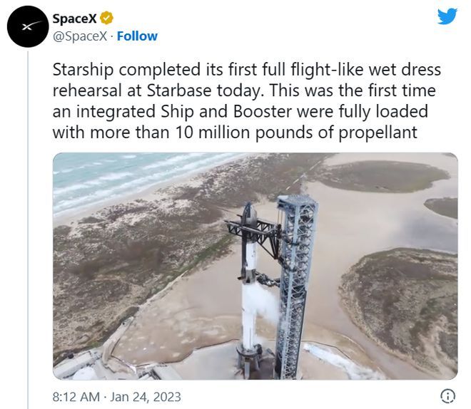SpaceX 星舰星际飞船完成首次湿式演练，即将进行轨道飞行