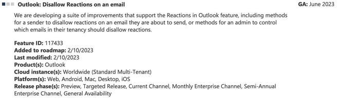 Outlook新特性：可由发件人决定是否在邮件中启用反应操作