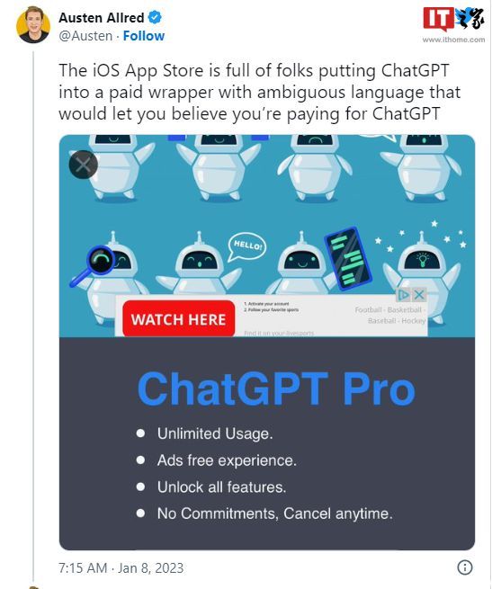 假冒ChatGPT曾现身苹果App Store并排名飙升