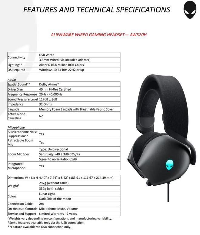 外星人推出 AW520H（有线） 和 AW720H（无线）两款游戏耳机