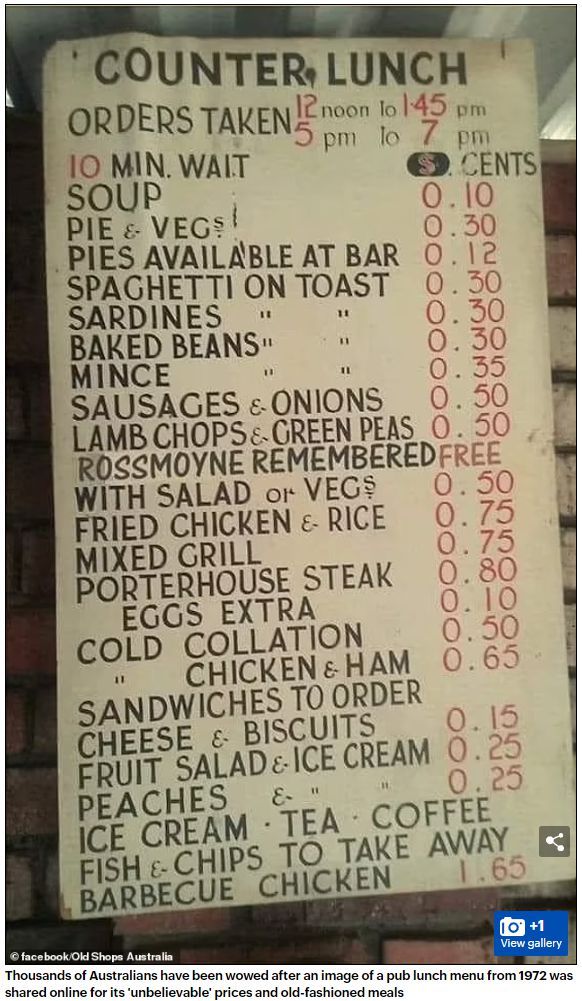 澳洲50年前菜单公布, 价格震撼! 牛排$0.8, 仅两道菜价格超$1块