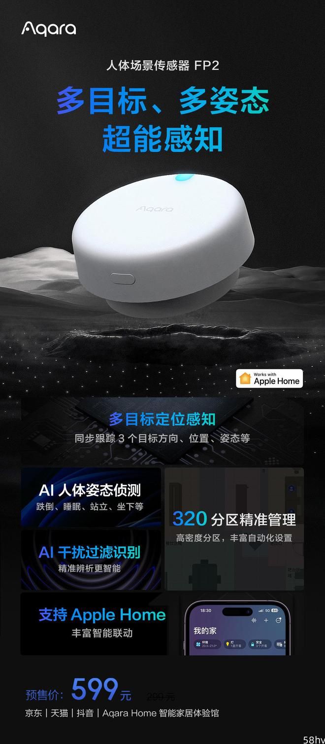 绿米 Aqara人体场景传感器FP2开启预售：支持Apple Home，599 元