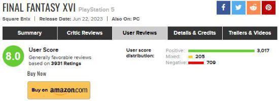 《FF16》M站用户评分涨至8分：好评数一夜暴增！